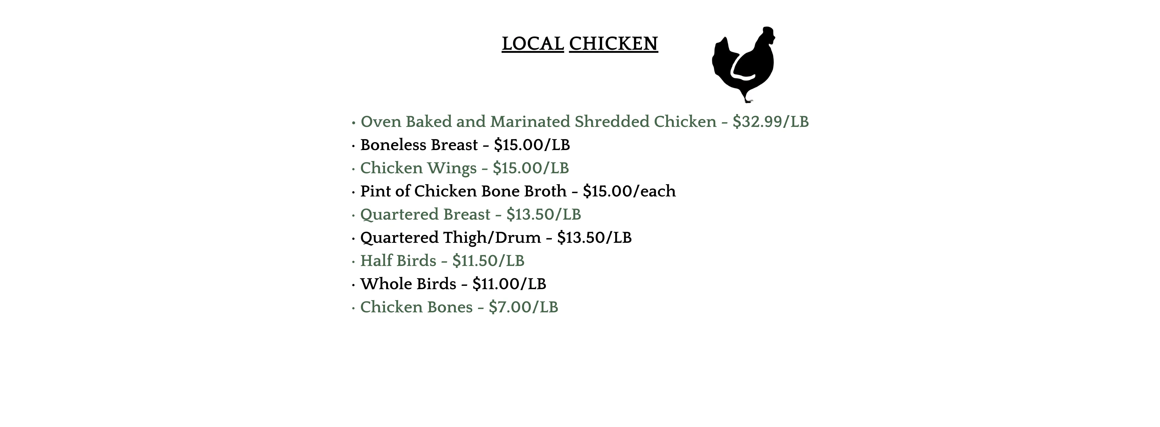 Local chicken products and prices displayed on a menu