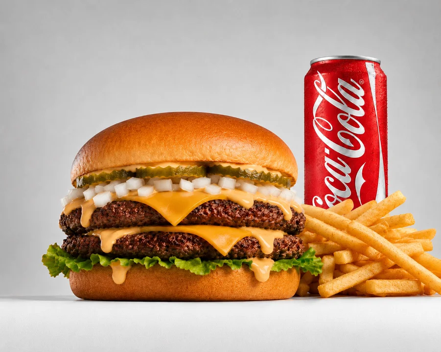 A double cheeseburger topped with pickles, onions, lettuce, and melted cheese, accompanied by fries and a can of Coca-Cola.