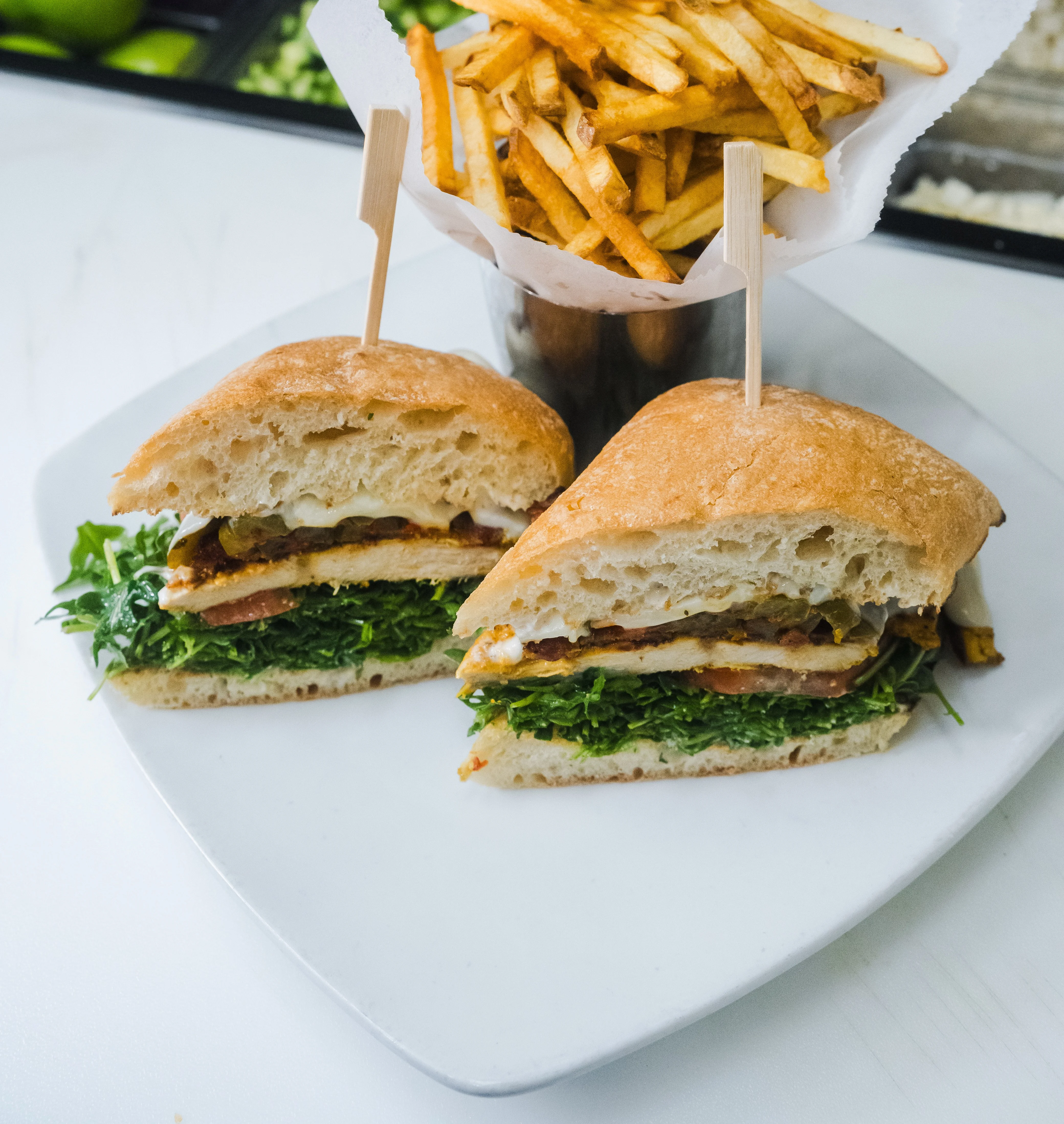 Crispy chicken sandwich with fries