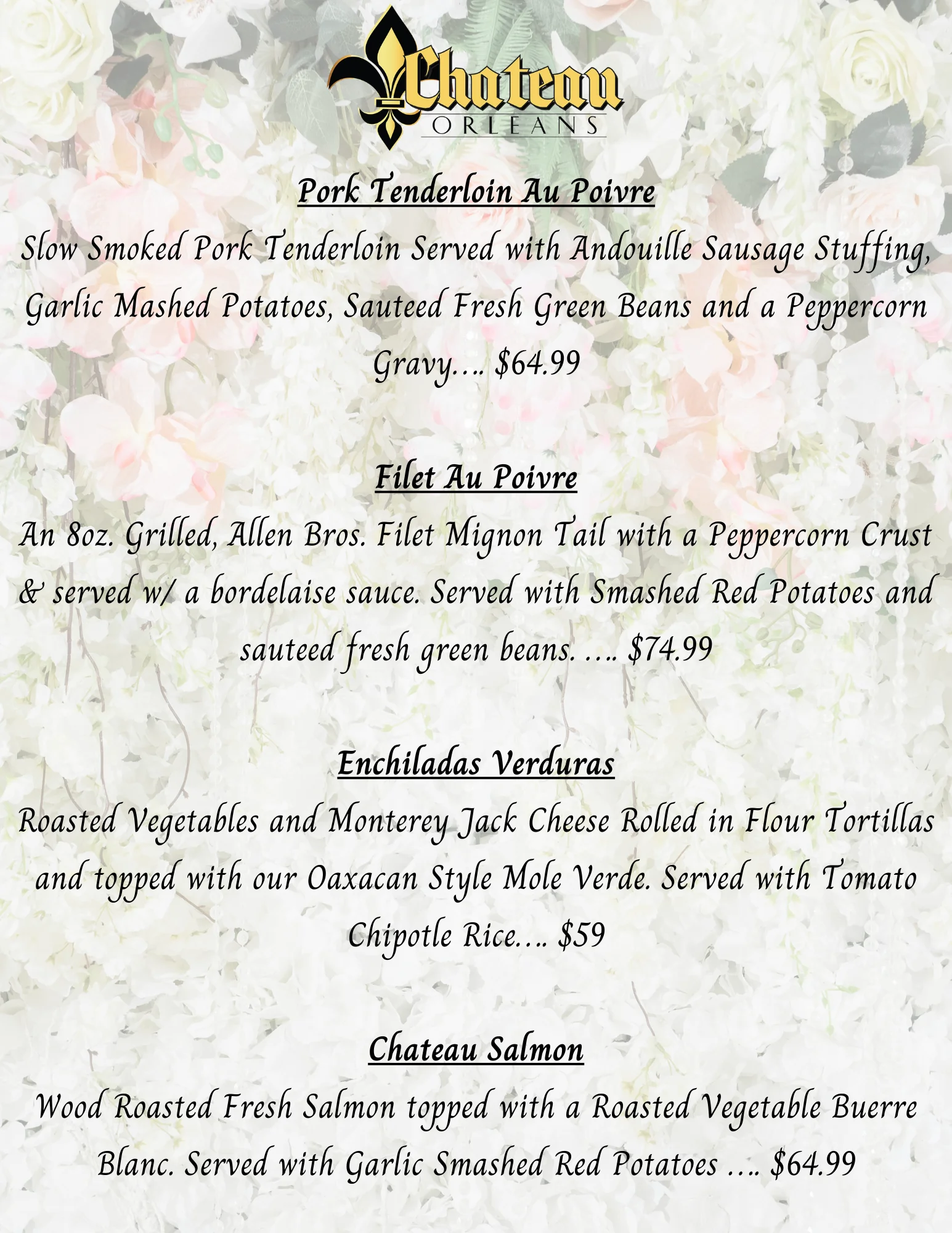 Elegant dining menu featuring gourmet dishes