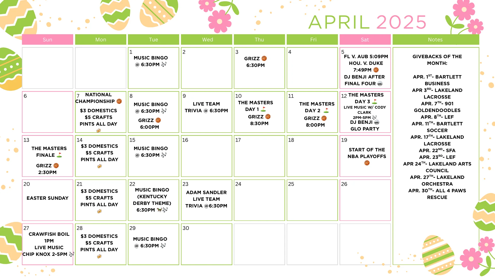 April 2025 event calendar with promotions and activities