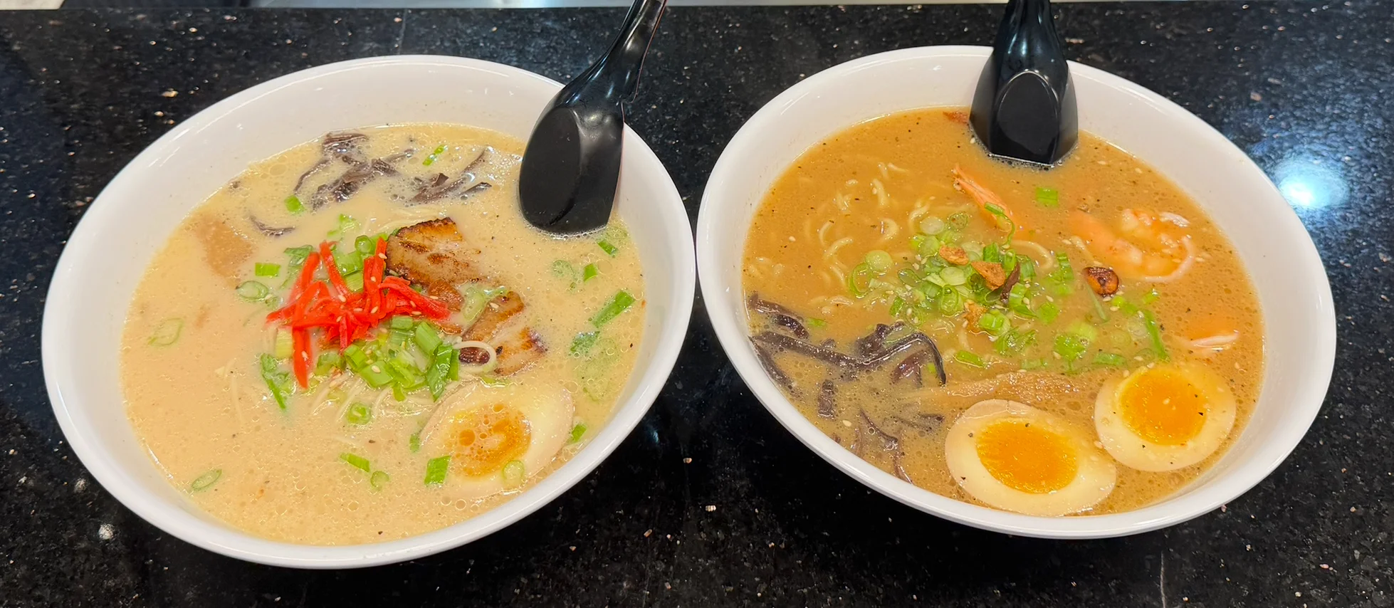 Japanese ramen bowls with rich broth and toppings