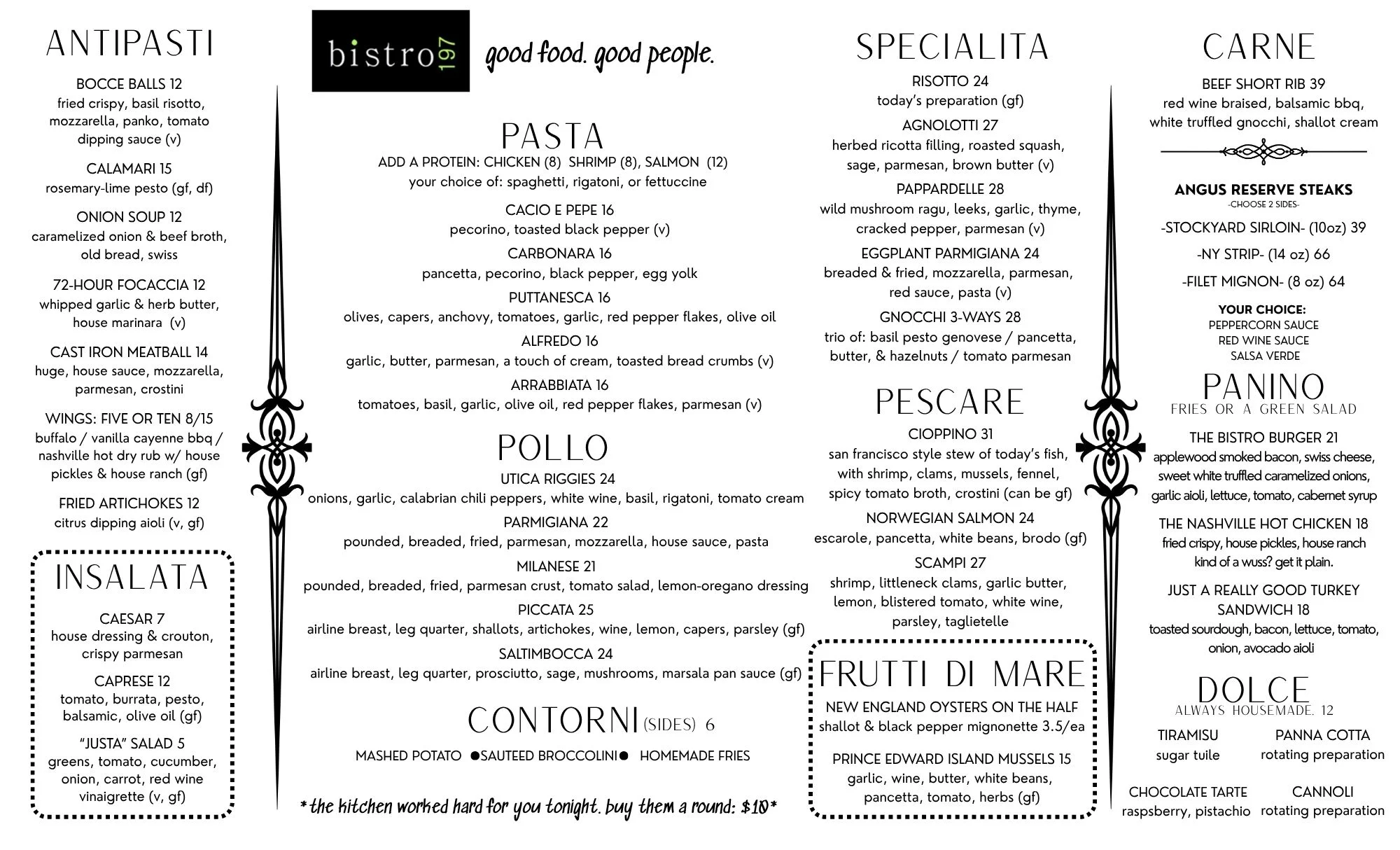 Italian restaurant menu featuring diverse dishes and specialties