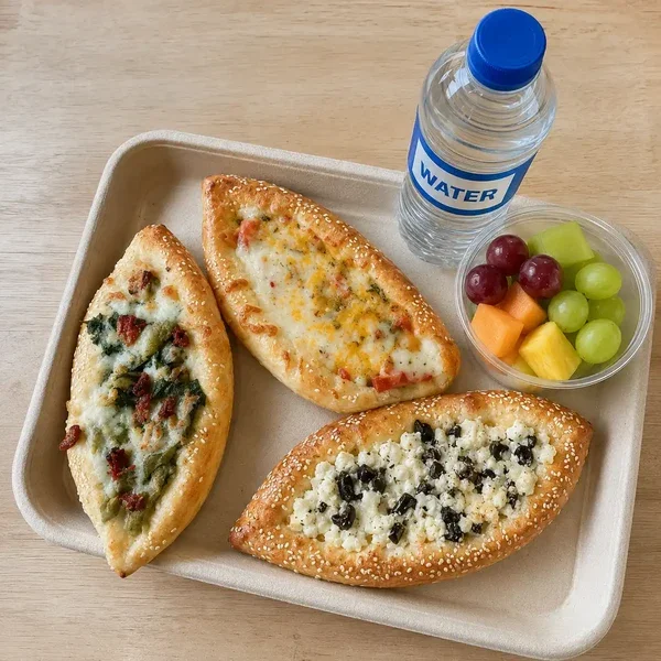School Lunch from Sweet Reserve Bakery and Cafe in Lombard. Turkish bread with cheese, fruits, drink