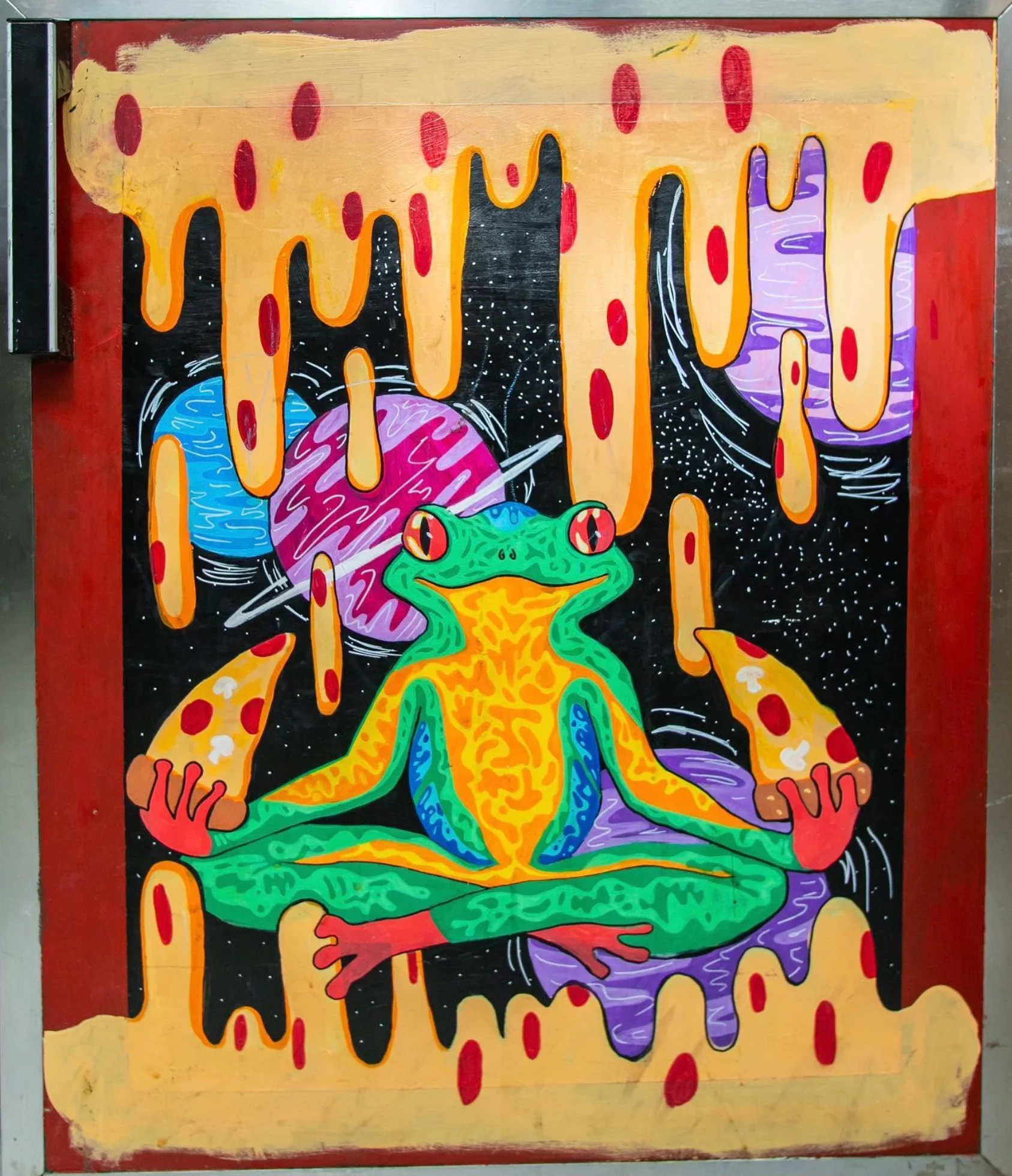 Colorful frog mural with cosmic abstract artwork