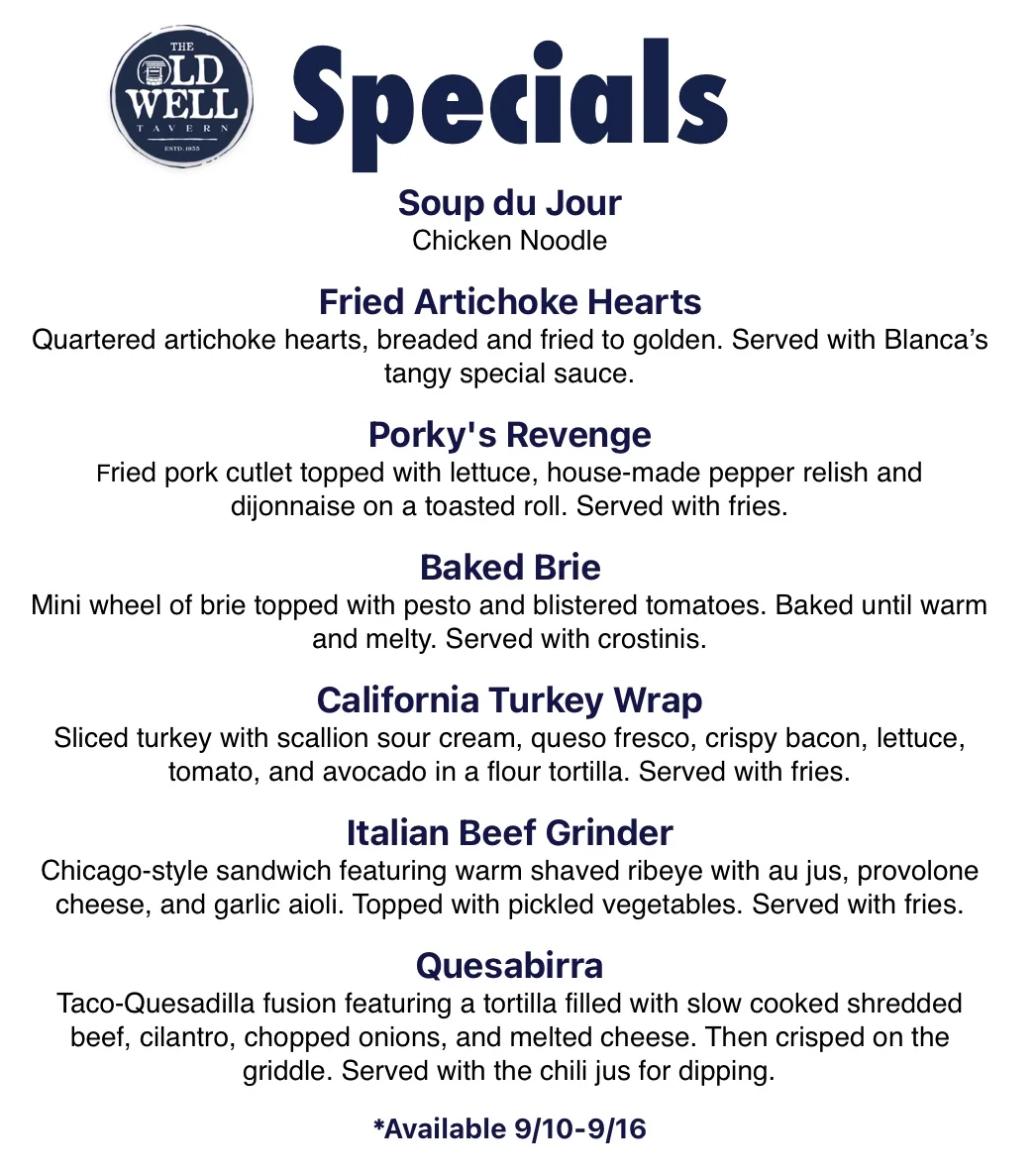 Specials menu featuring diverse American comfort food dishes