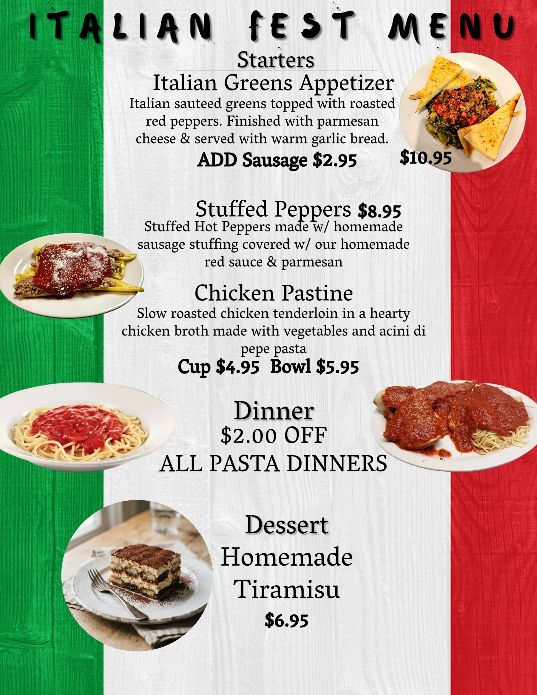 Italian restaurant menu featuring plated pasta dishes, stuffed peppers, and tiramisu