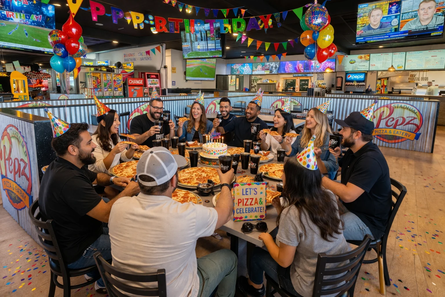 Colorful birthday party setup with balloons and decorations at a restaurant.