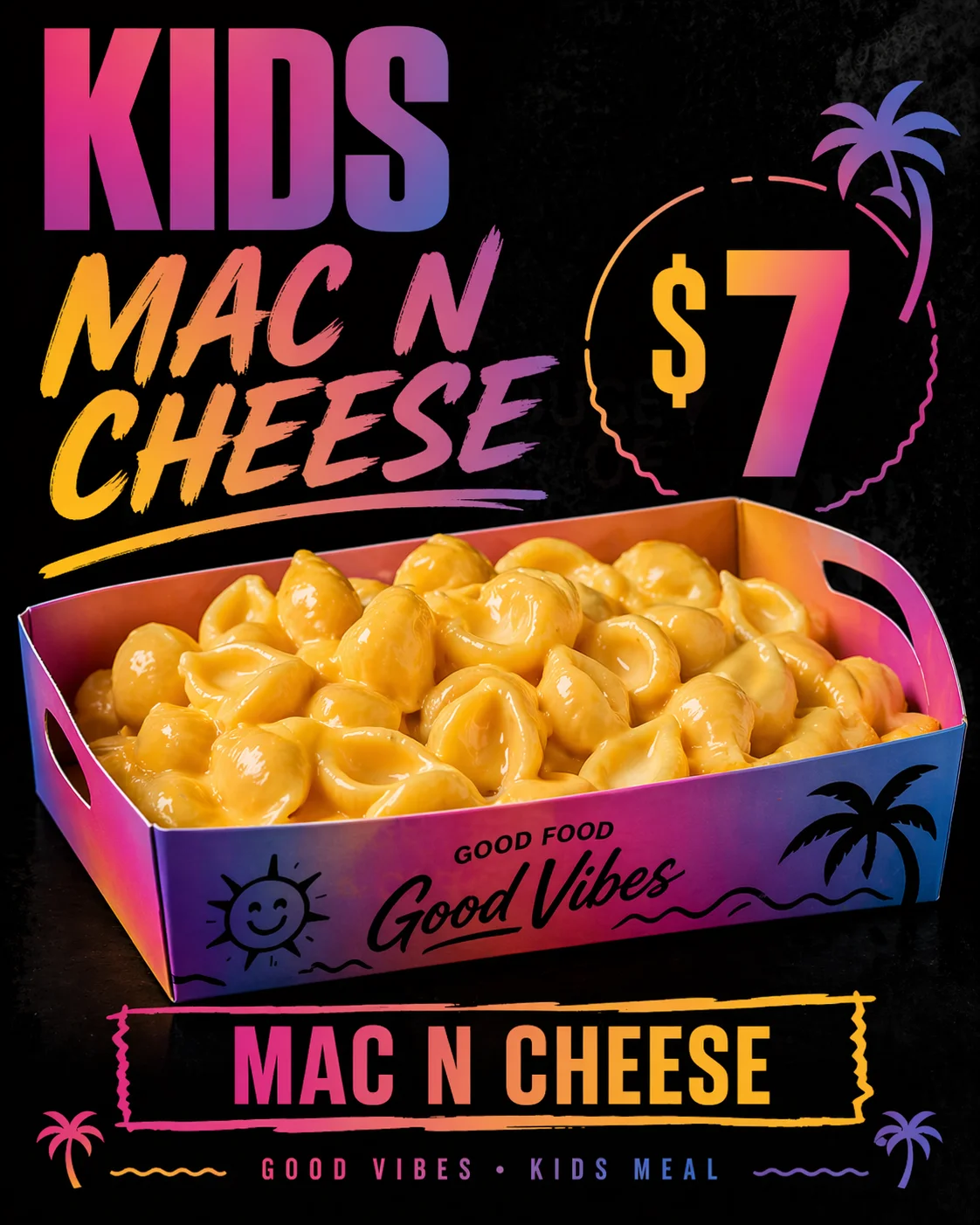 A colorful meal box featuring kids' mac and cheese. The pasta is creamy and cheese-covered, presented in a vibrant and eye-catching box.
