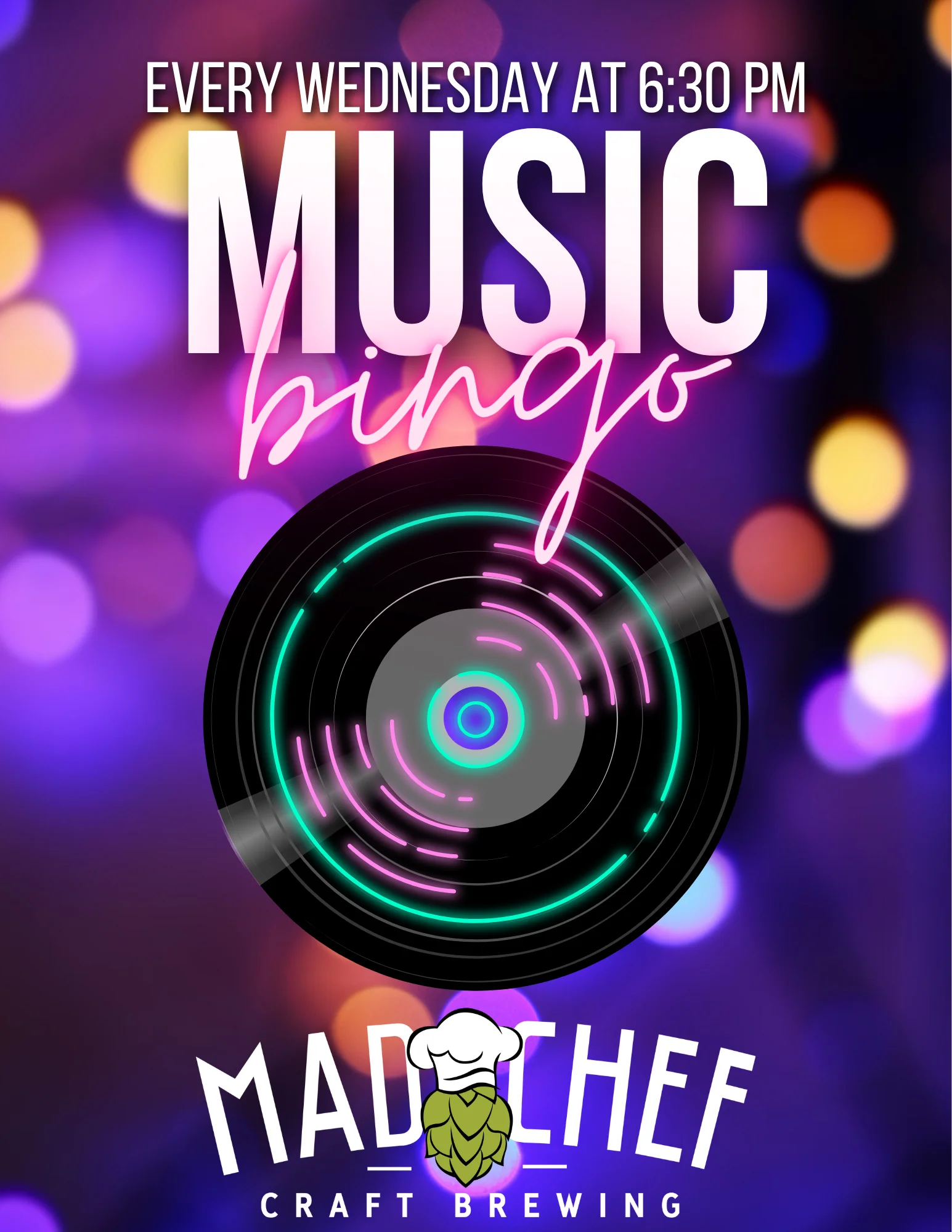 Promotional poster for 90's Music Bingo Night at Mad Chef Brewing