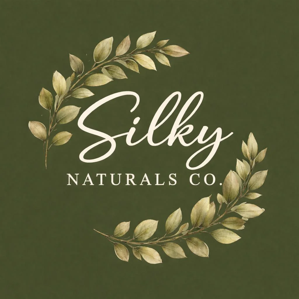 Logo of Silky Naturals Co. with green background and leaf design.