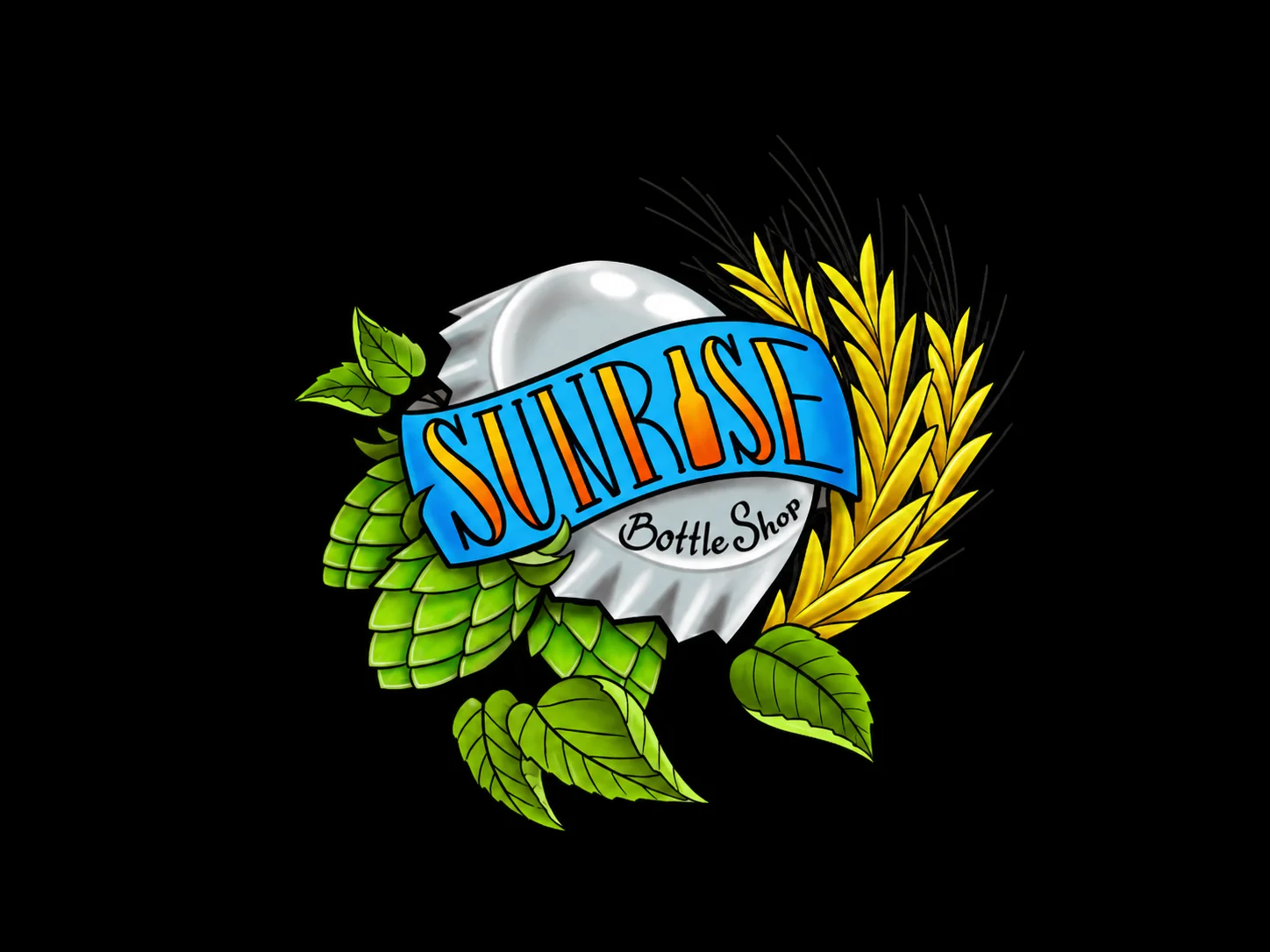 Colorful logo of Sunrise Bottle Shop with hops and wheat design