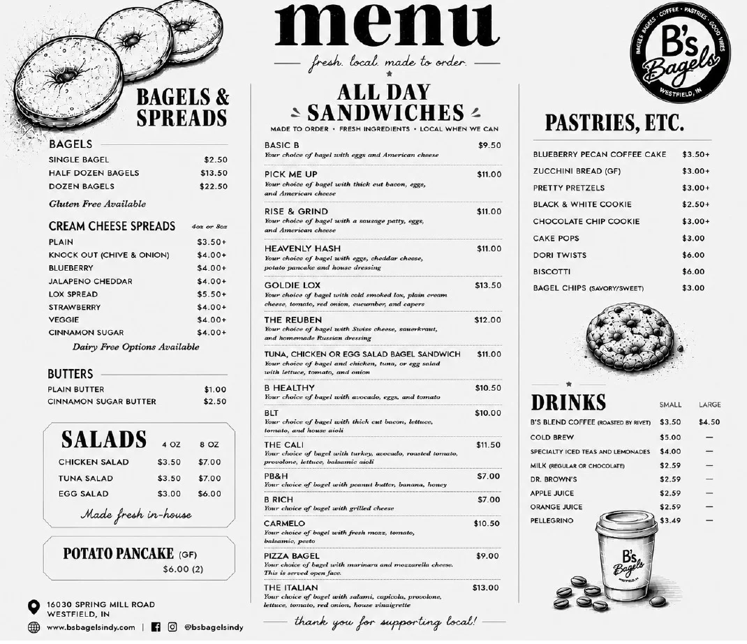Bagel menu featuring various bagels and spreads