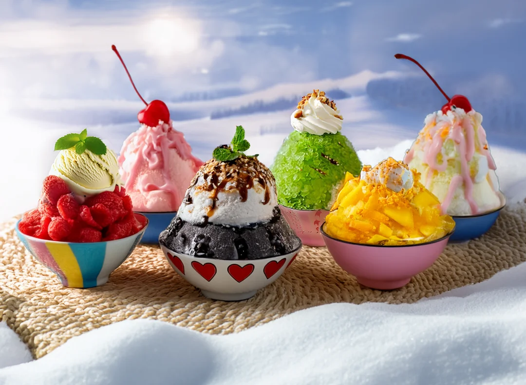 Colorful Asian shaved ice desserts with various toppings