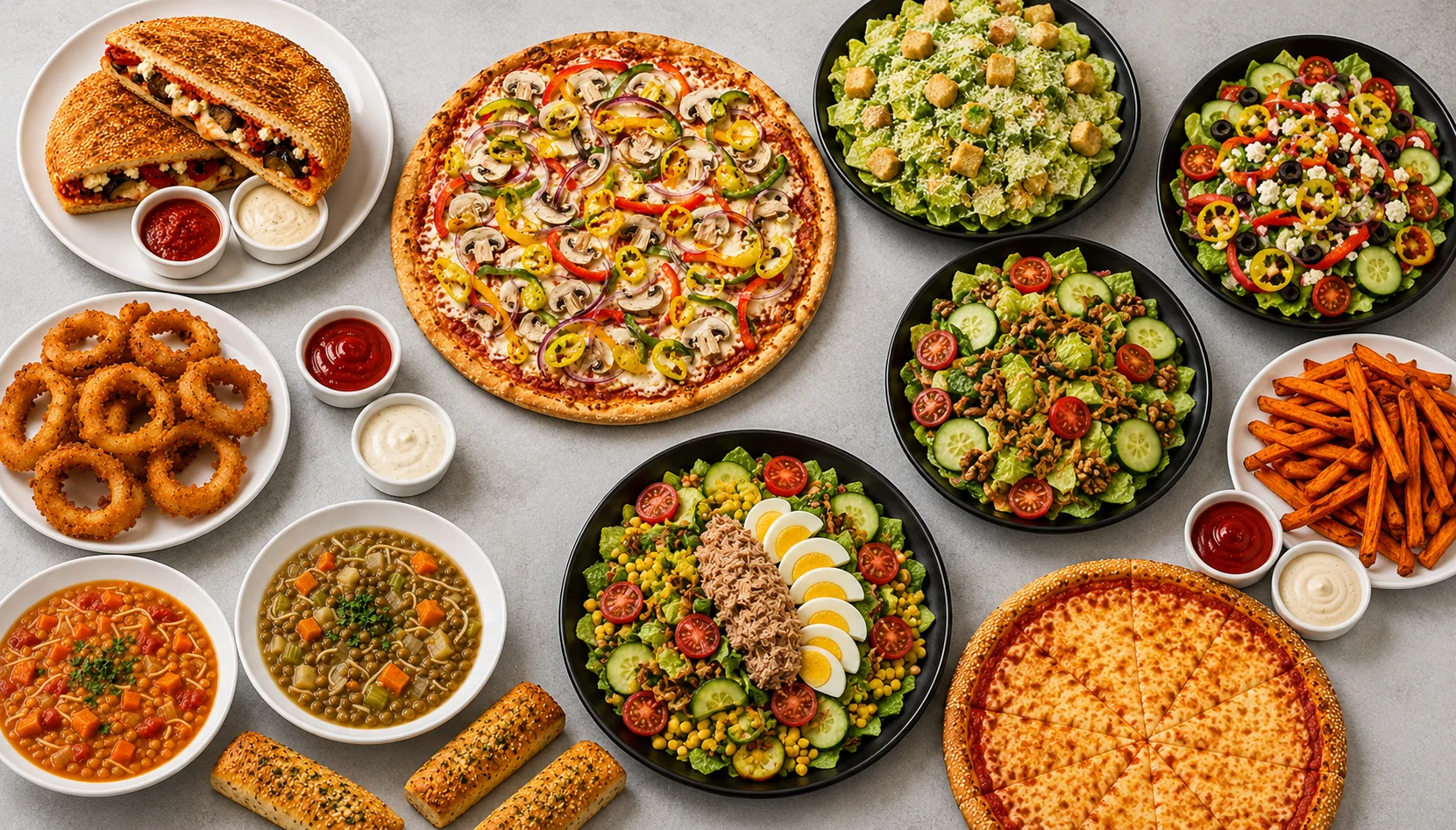 Variety of salads, pizzas, and appetizers in a vibrant restaurant setting