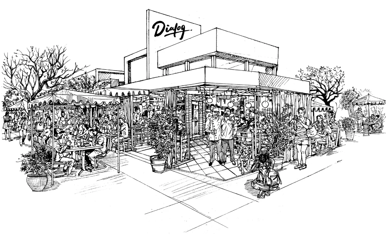 Outdoor dining area of a modern restaurant with lively atmosphere