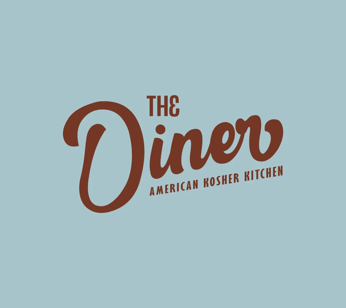 A logo for a diner featuring the text 'The Diner' in a stylized font, with a subtitle 'American Kosher Kitchen'. The background is light blue.