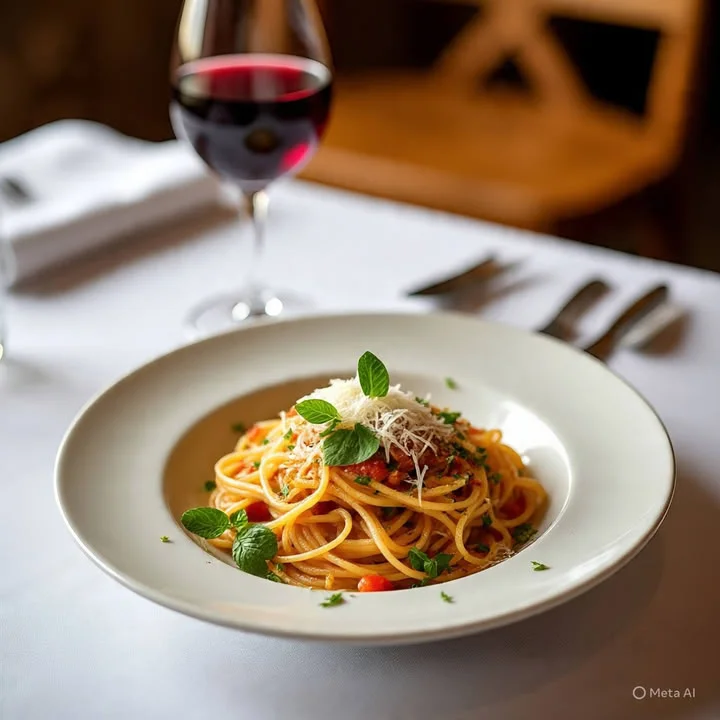 Plate of classic Italian spaghetti with marinara sauce and herbs