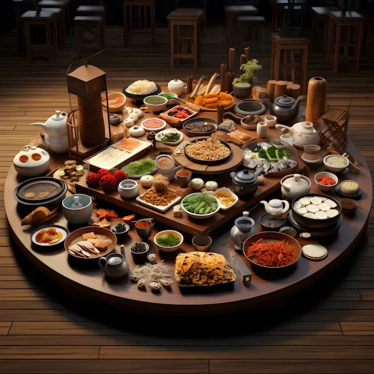 Assorted Chinese dim sum served on a round wooden table