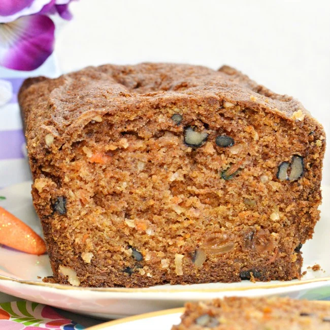 Moist carrot cake loaf with nuts and spices