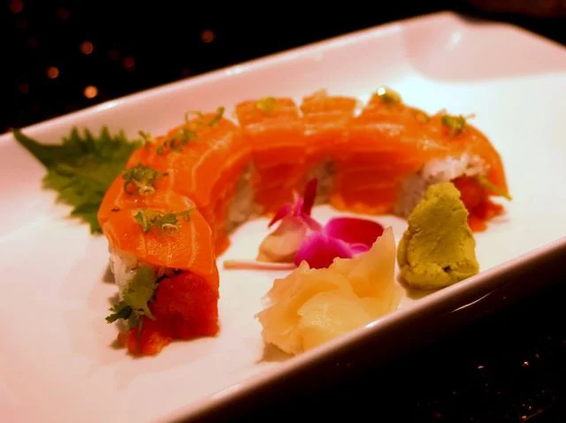 Japanese salmon sushi roll elegantly presented