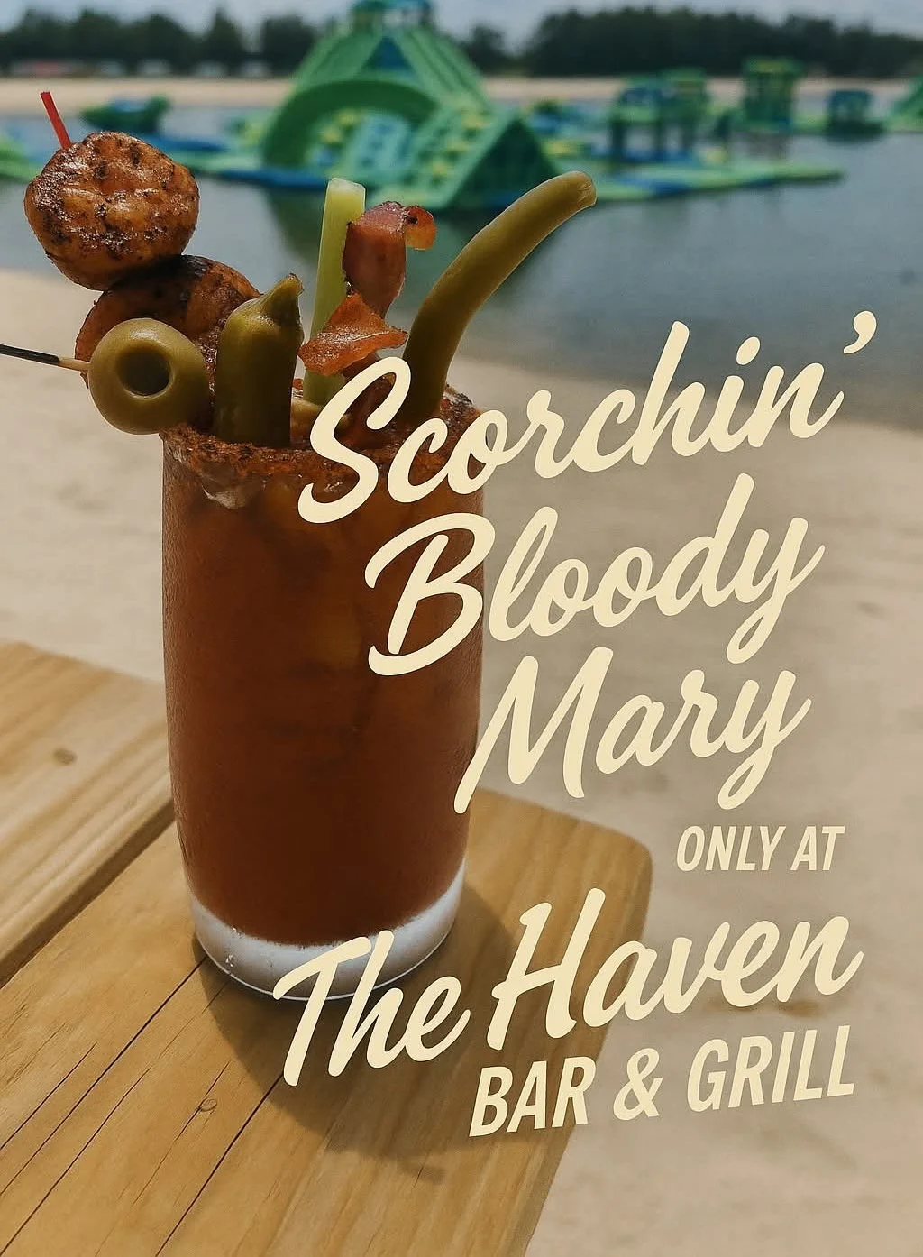 Spicy Bloody Mary cocktail with garnishes at a beachside bar