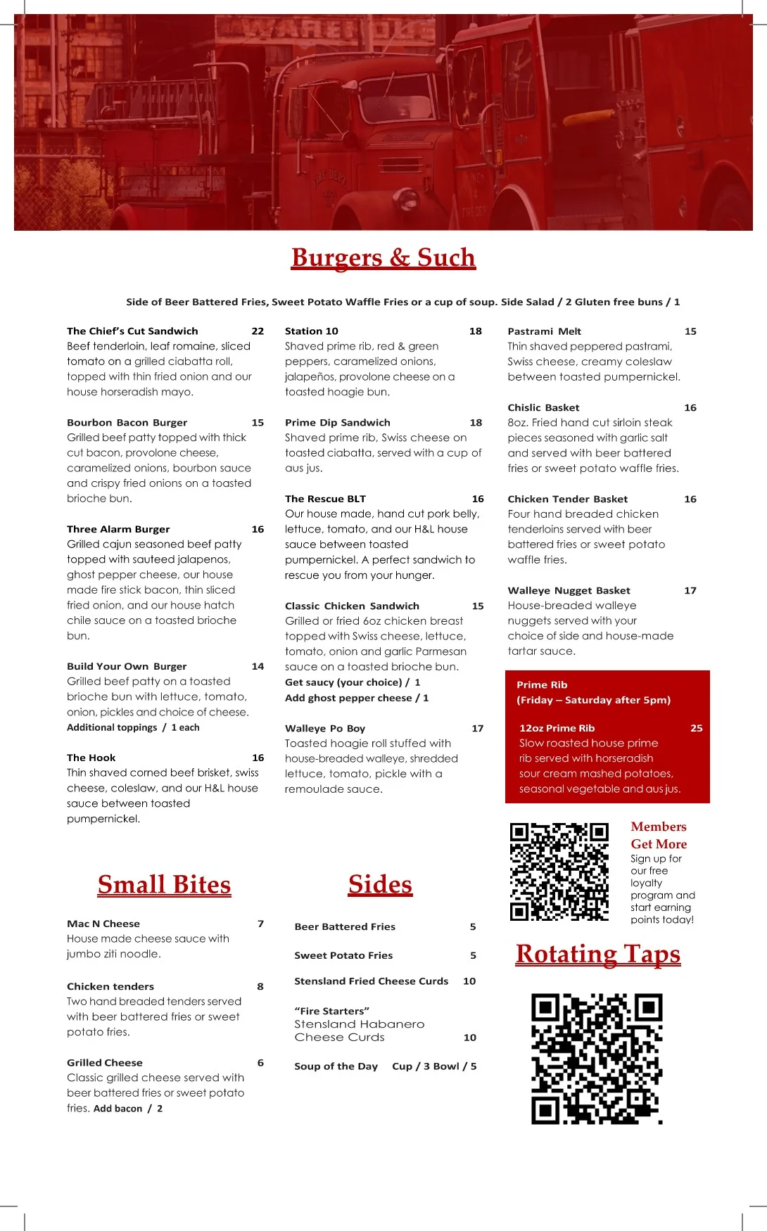 Menu featuring a variety of gourmet burgers and sides