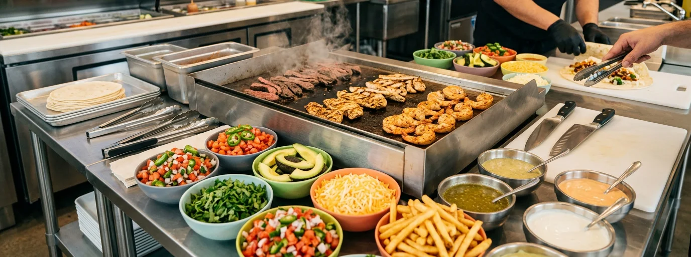 Fresh ingredients and grilled steak, chicken and shrimp prepared for oversized burritos and loaded fries at Stuffed Burritos in San Antonio