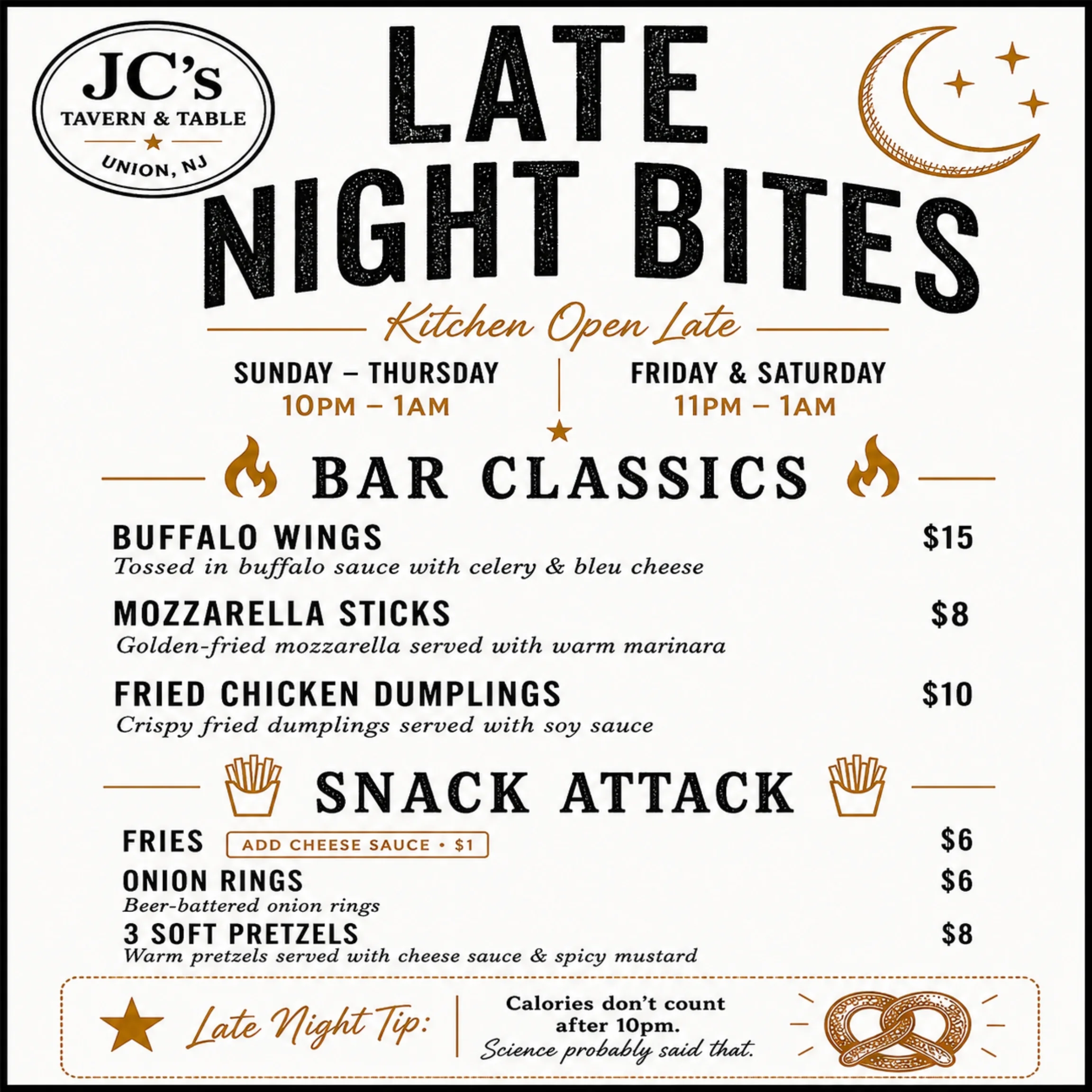 Restaurant late-night menu with bar classics and snack options