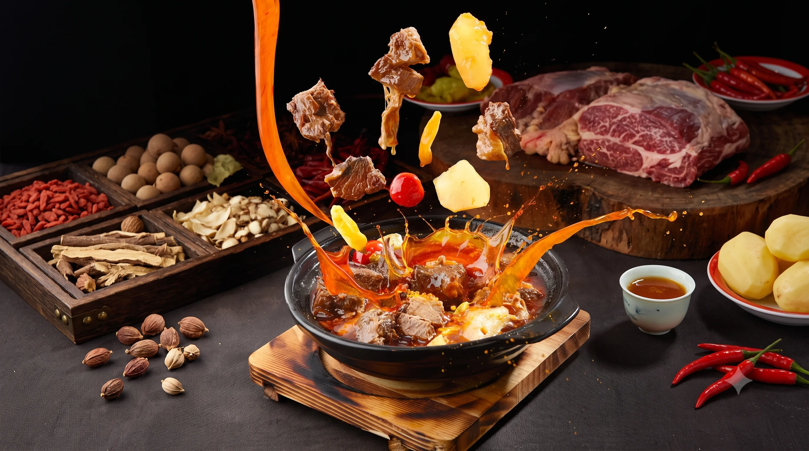 Spicy Chinese hot pot with beef and vegetables