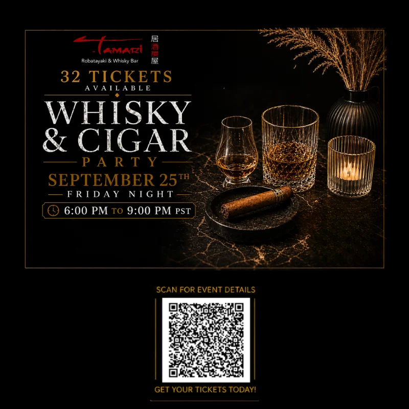 Whisky and cigar party invitation at a stylish bar