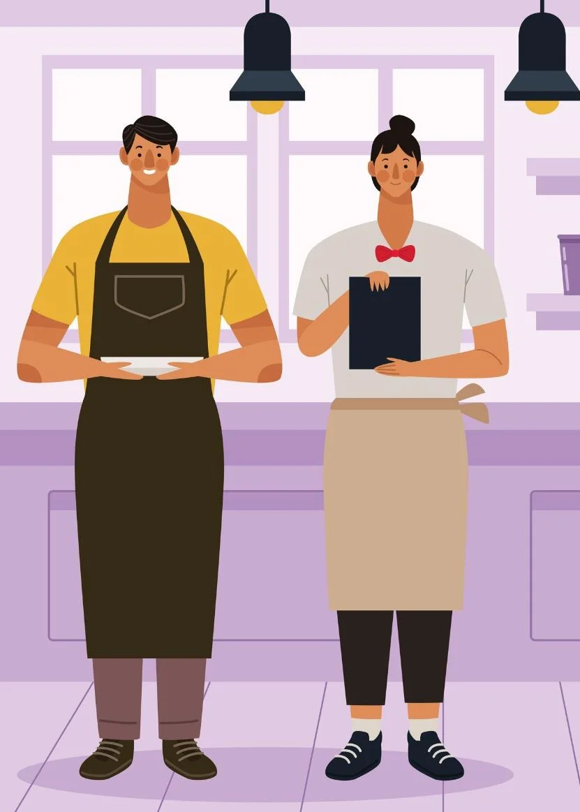 Illustration of restaurant staff with a waiter and a server in a cozy kitchen