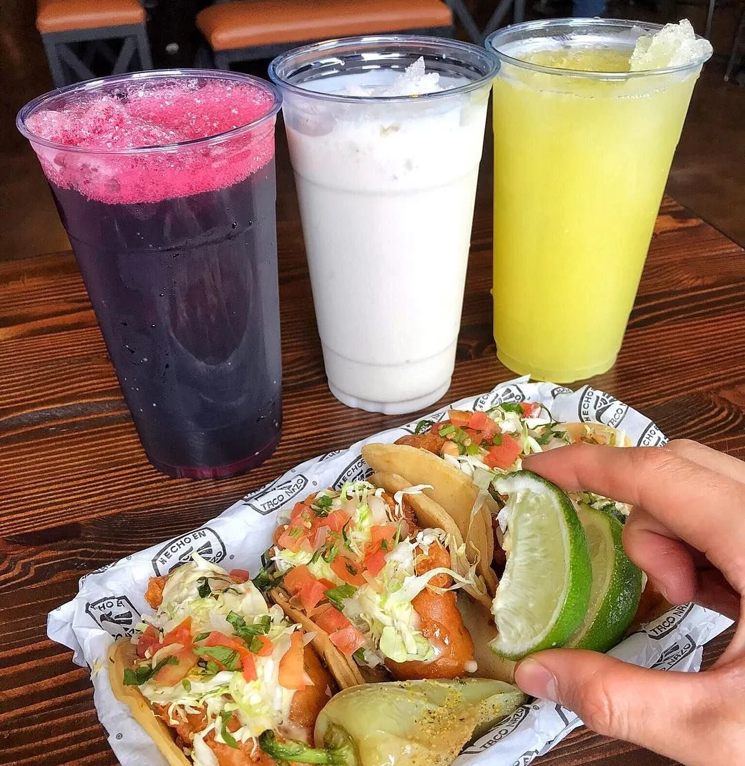 Jamaica, Horchata, and Pineapple Agua Frescas and Fish Tacos