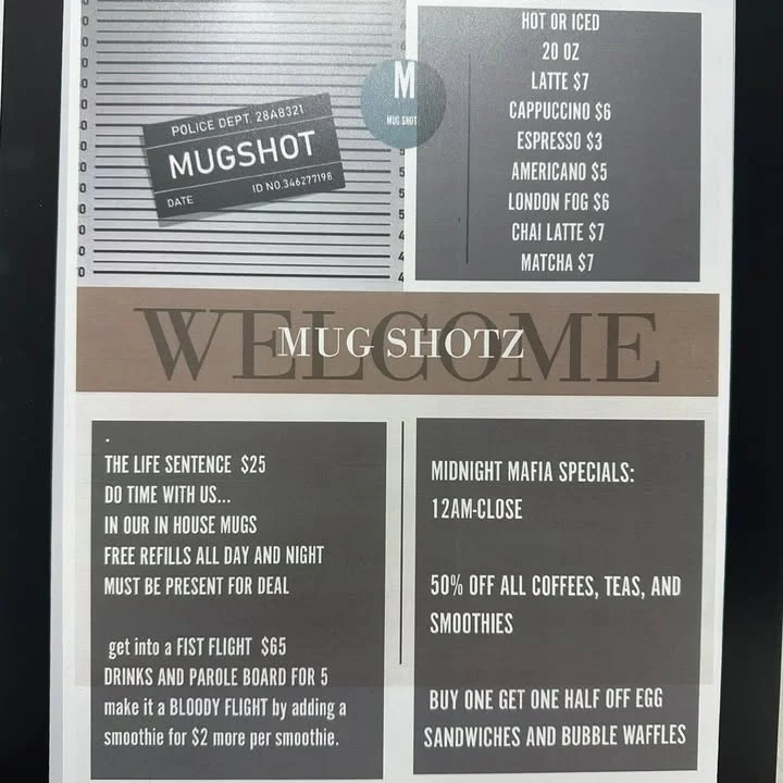 Menu board for Mug Shotz cafe with drink specials and promotions