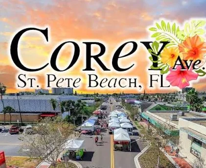 Corey Avenue in St. Pete Beach, FL with vibrant sunset and market stalls