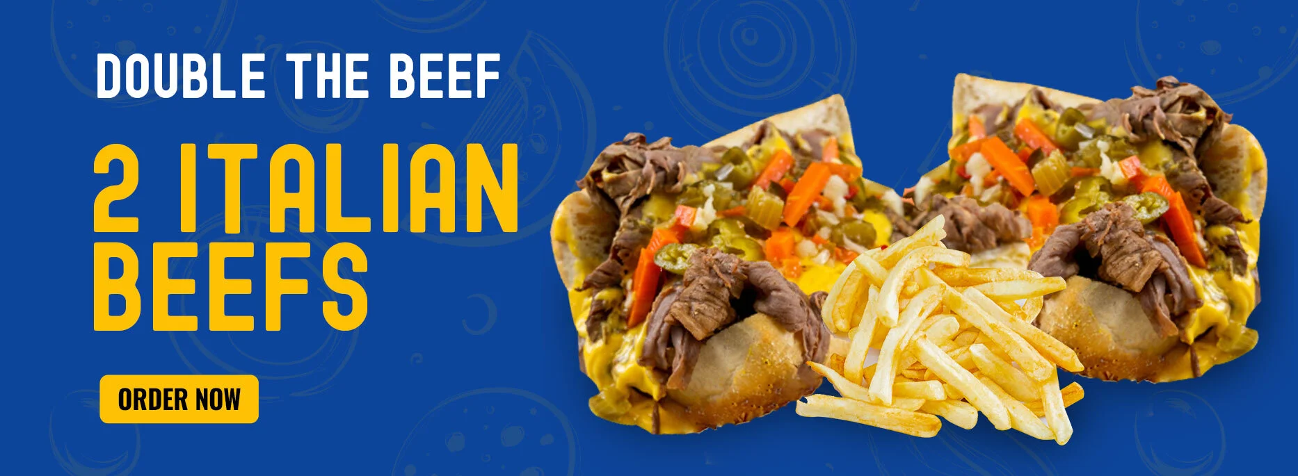 Italian beef sandwich with toppings and fries