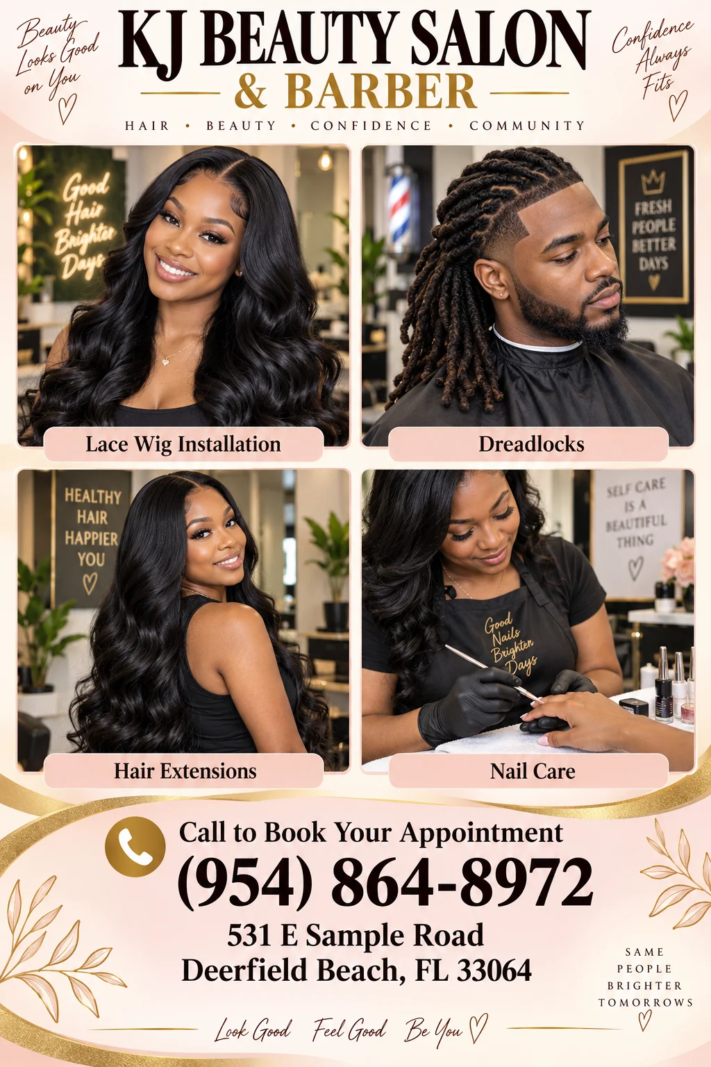 A promotional flyer showcasing various beauty services including lace wig installation, dreadlocks, hair extensions, and nail care, with client and stylist interactions.