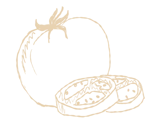 Illustration of a tomato and sliced tomato pieces.