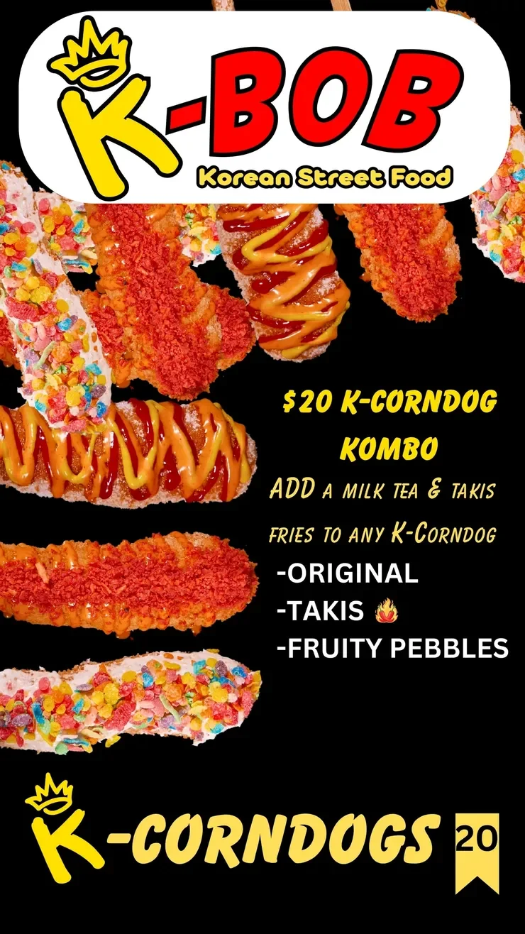 Korean corndogs with colorful toppings and sauces