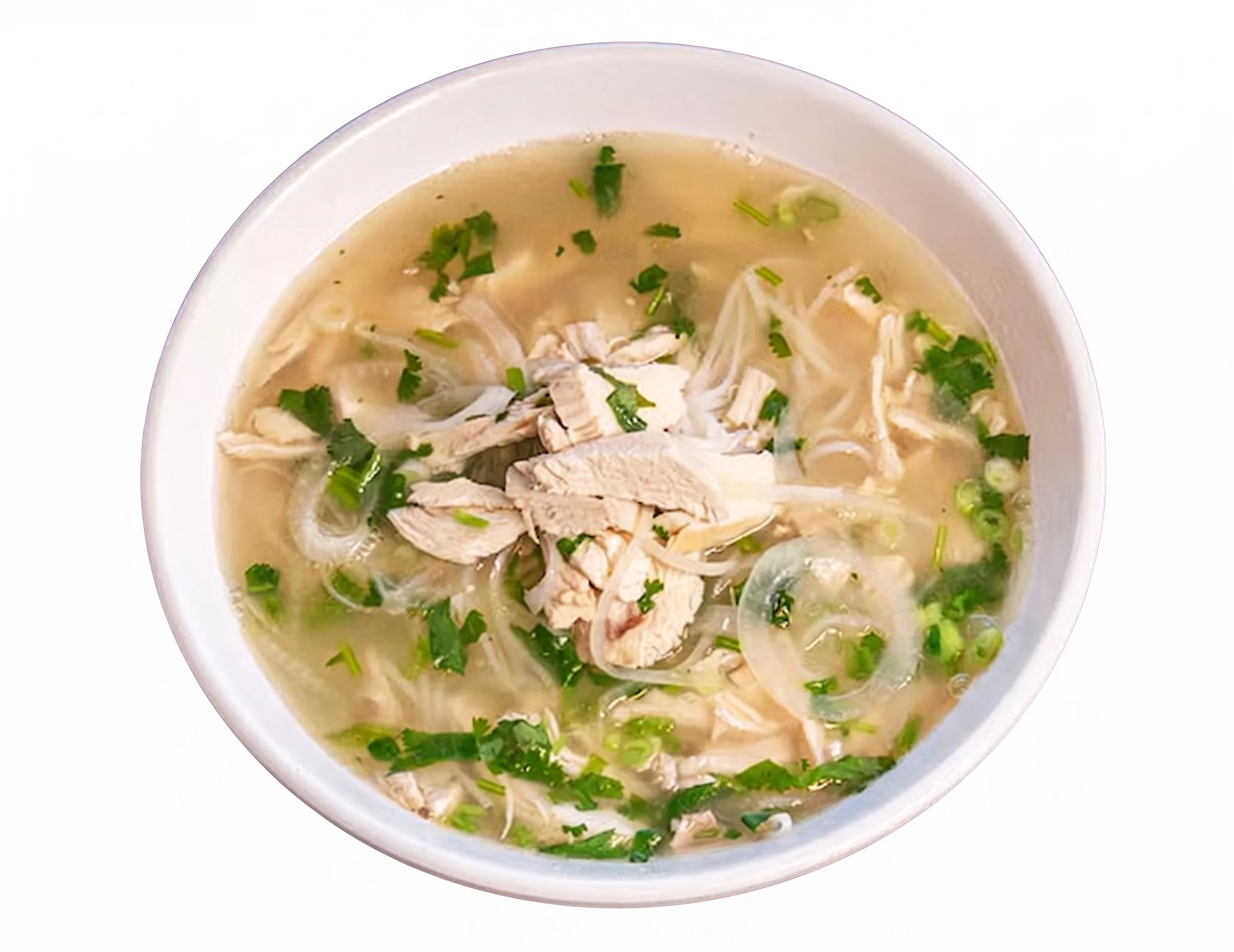 Bowl of chicken soup with herbs and noodles.