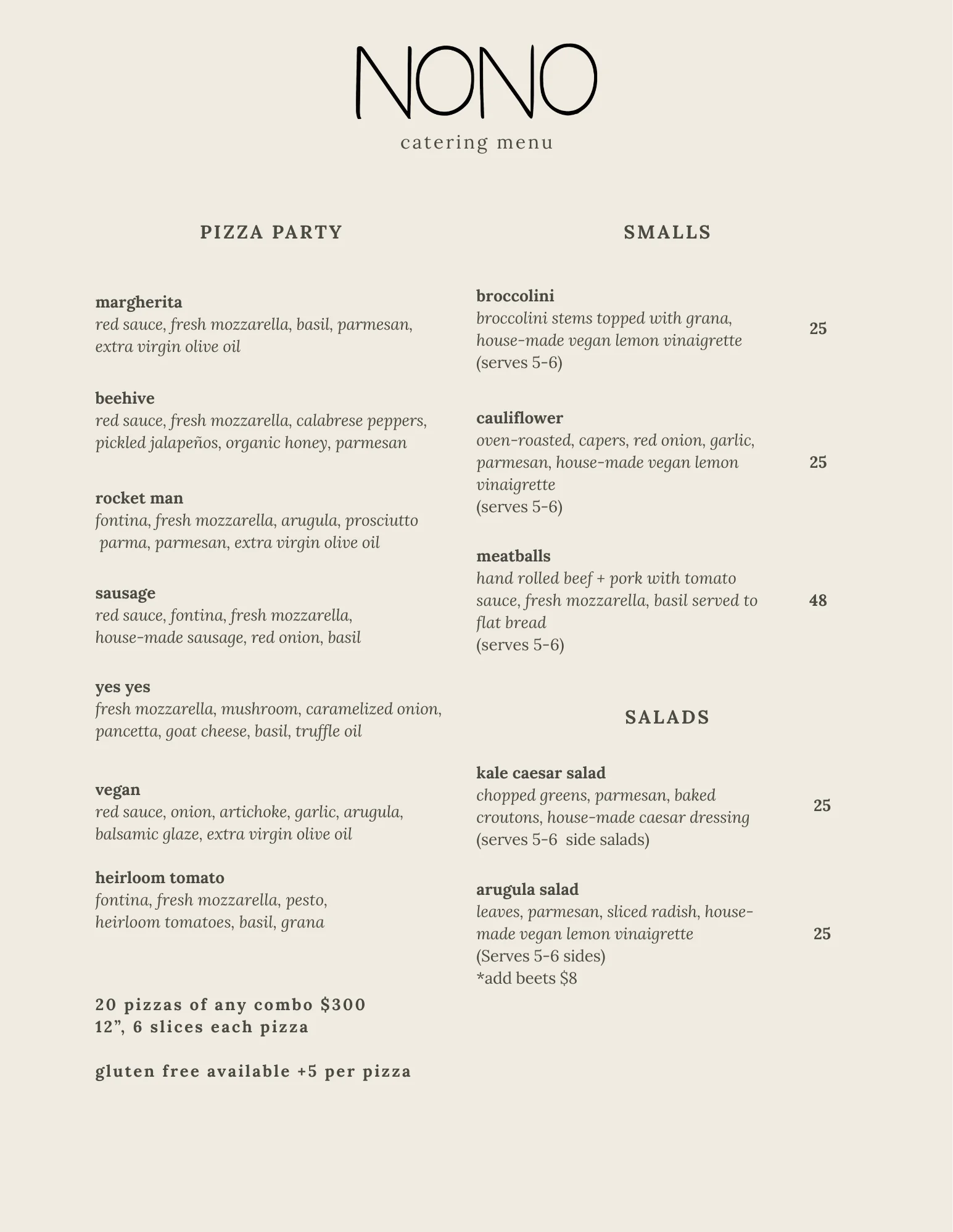 Catering menu featuring various pizzas and salads