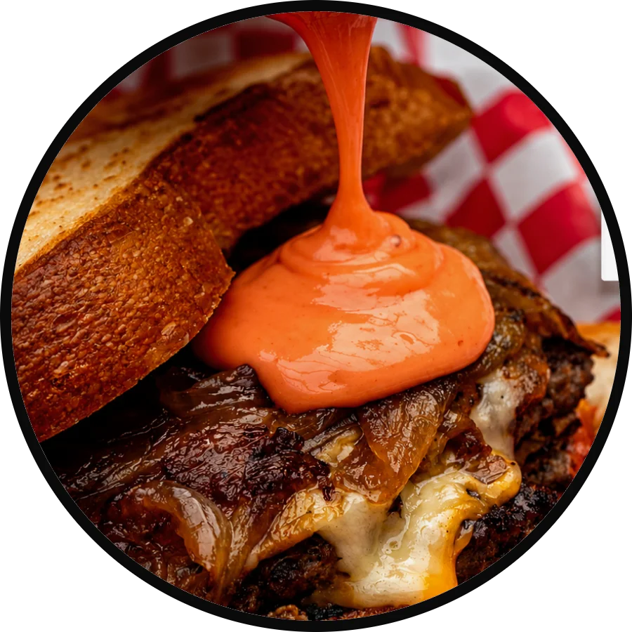 Juicy cheeseburger with special sauce and toasted bread