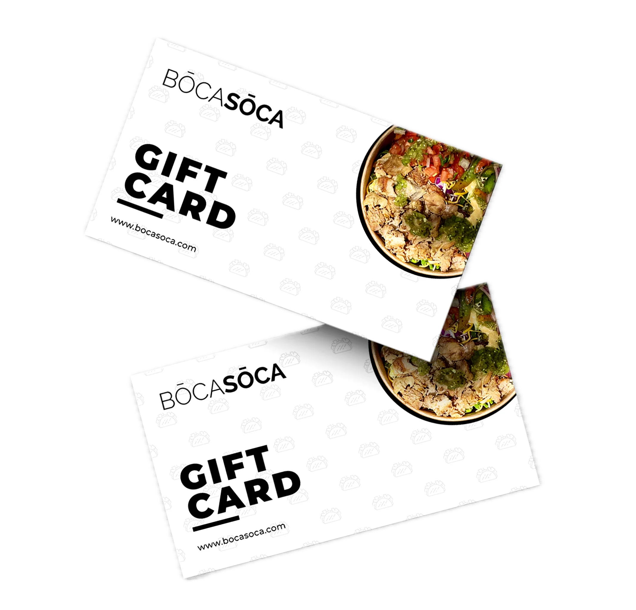 Two floating, white BOCASŌCA Gift Cards stacked on a light gray, textured background. The cards feature the BOCASŌCA logo, the text "GIFT CARD," the website, and a circular partial image of a vibrant food bowl.