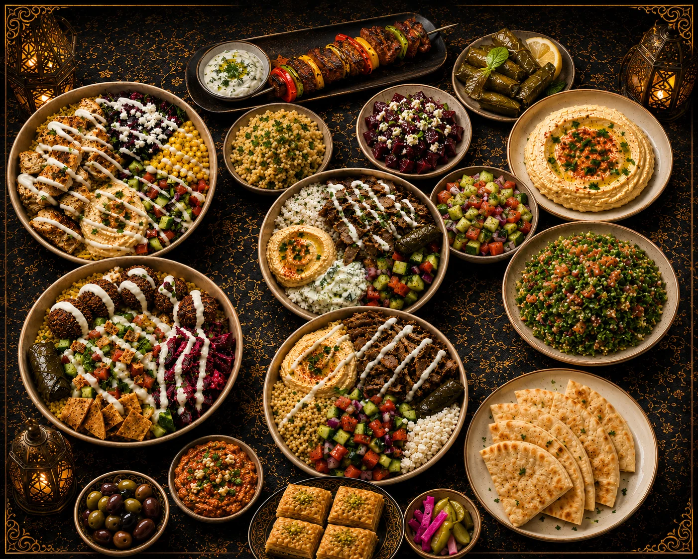Assorted Middle Eastern mezze platter with hummus and falafel