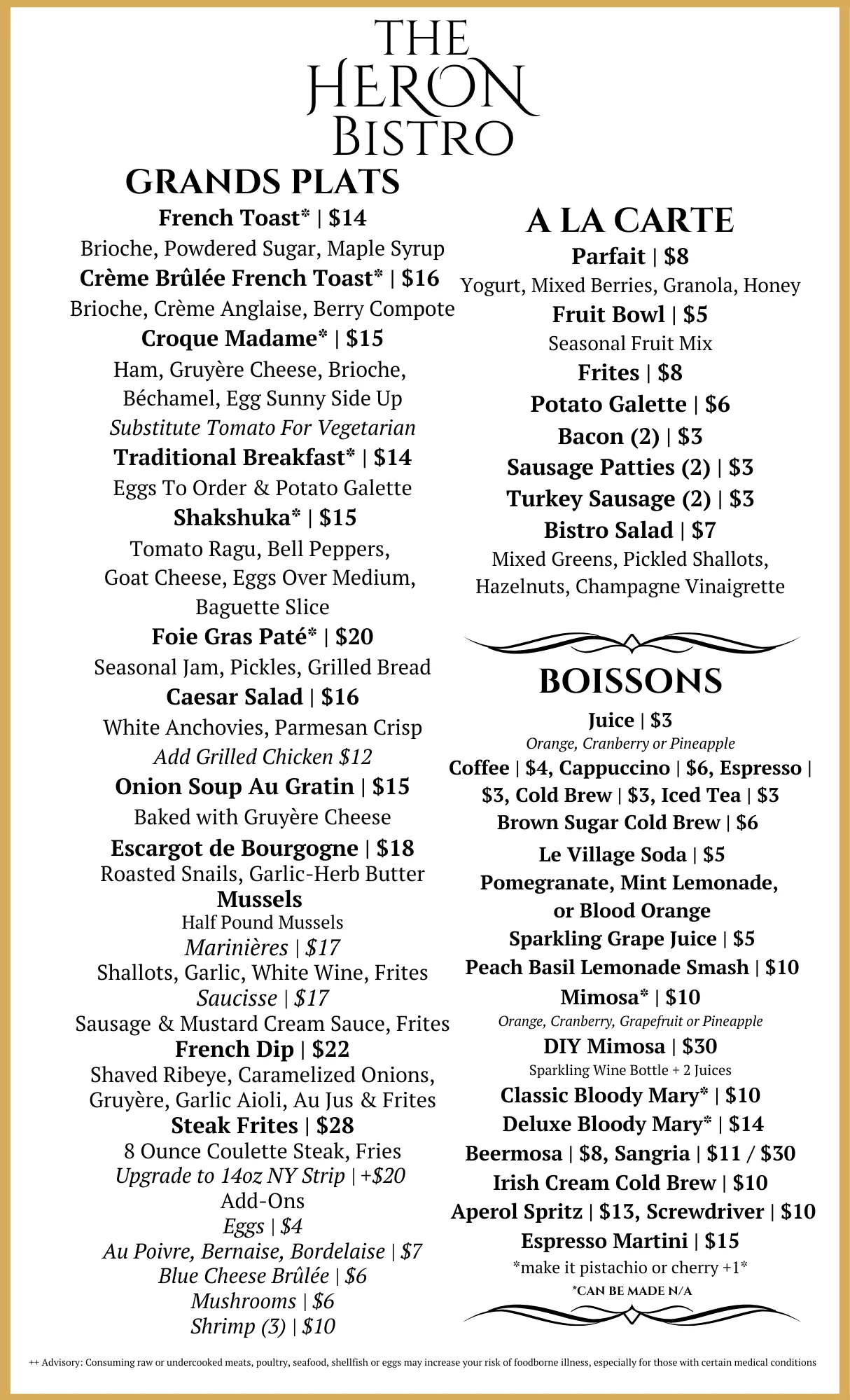 Menu from The Heron Bistro featuring various breakfast and brunch dishes.