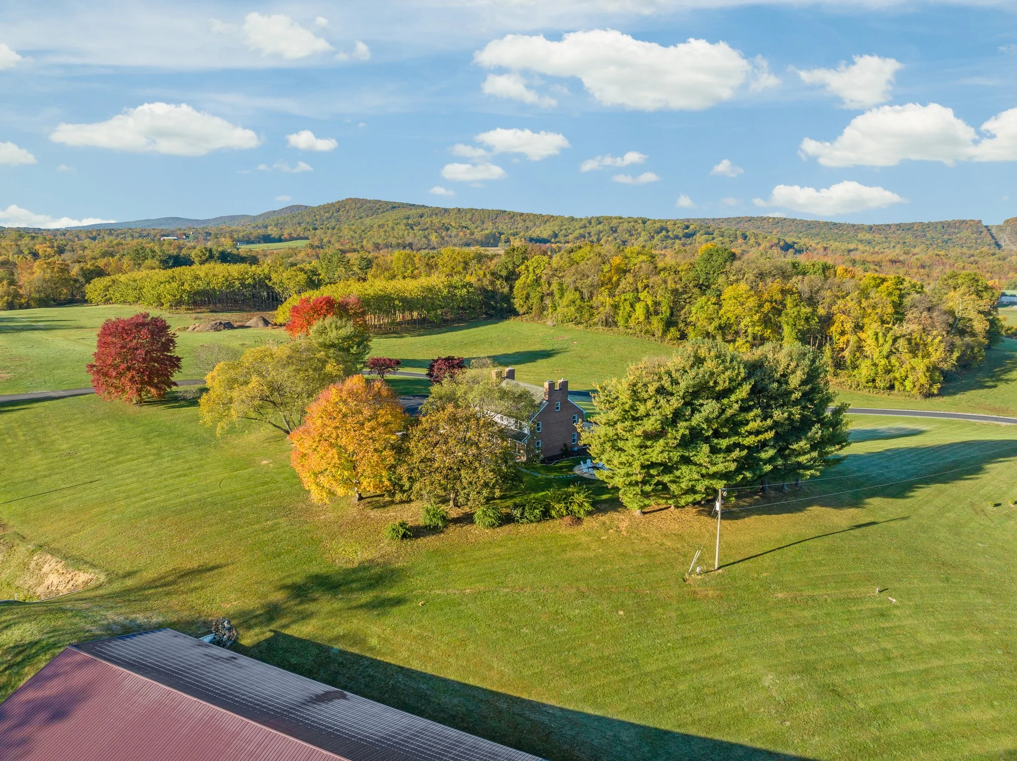 Aerial view of a scenic autumn landscape with colorful trees and rolling hills