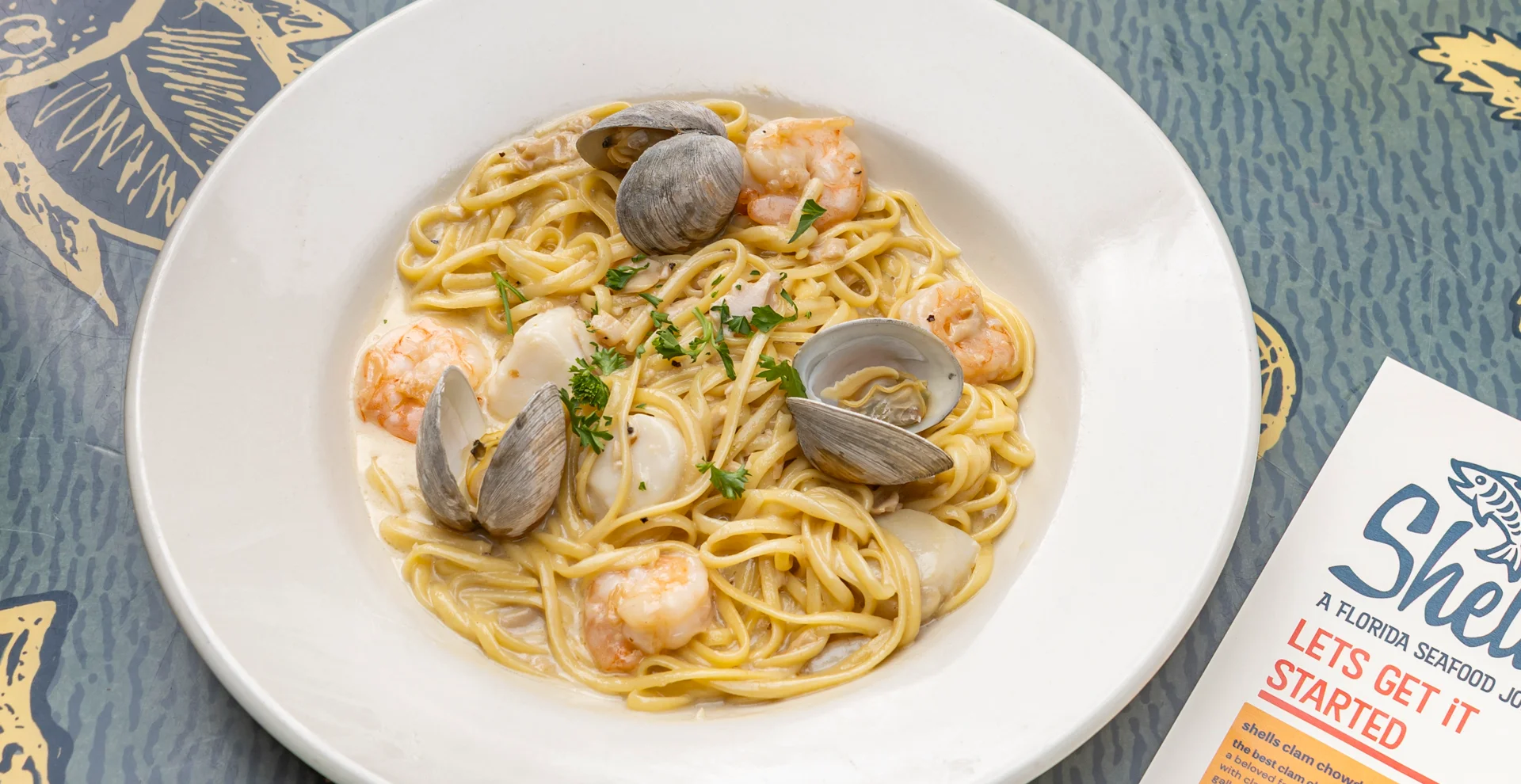 Seafood linguine with shrimp and clams in a creamy sauce