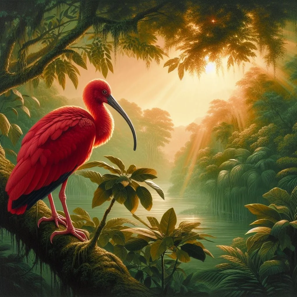 Vibrant red ibis perched in a lush tropical rainforest