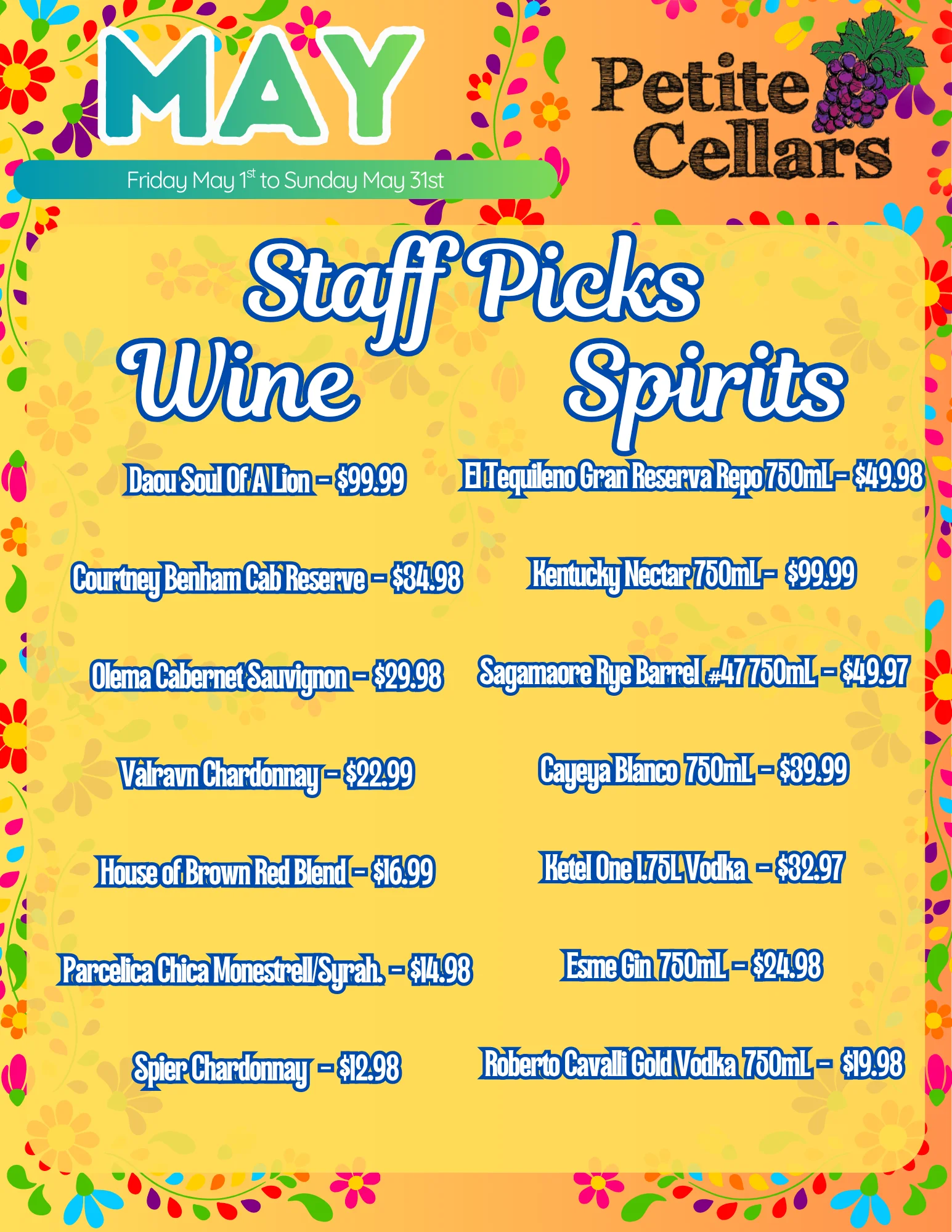 May staff picks for wine and spirits at Petite Cellars.