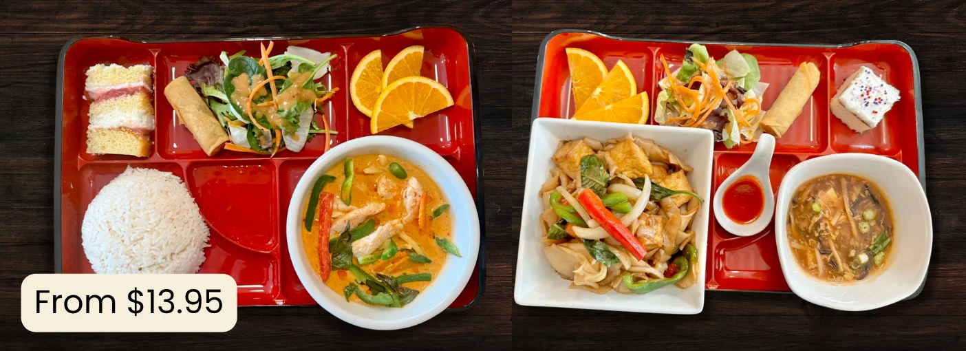 Thai curry and stir-fry with rice in a vibrant restaurant setting